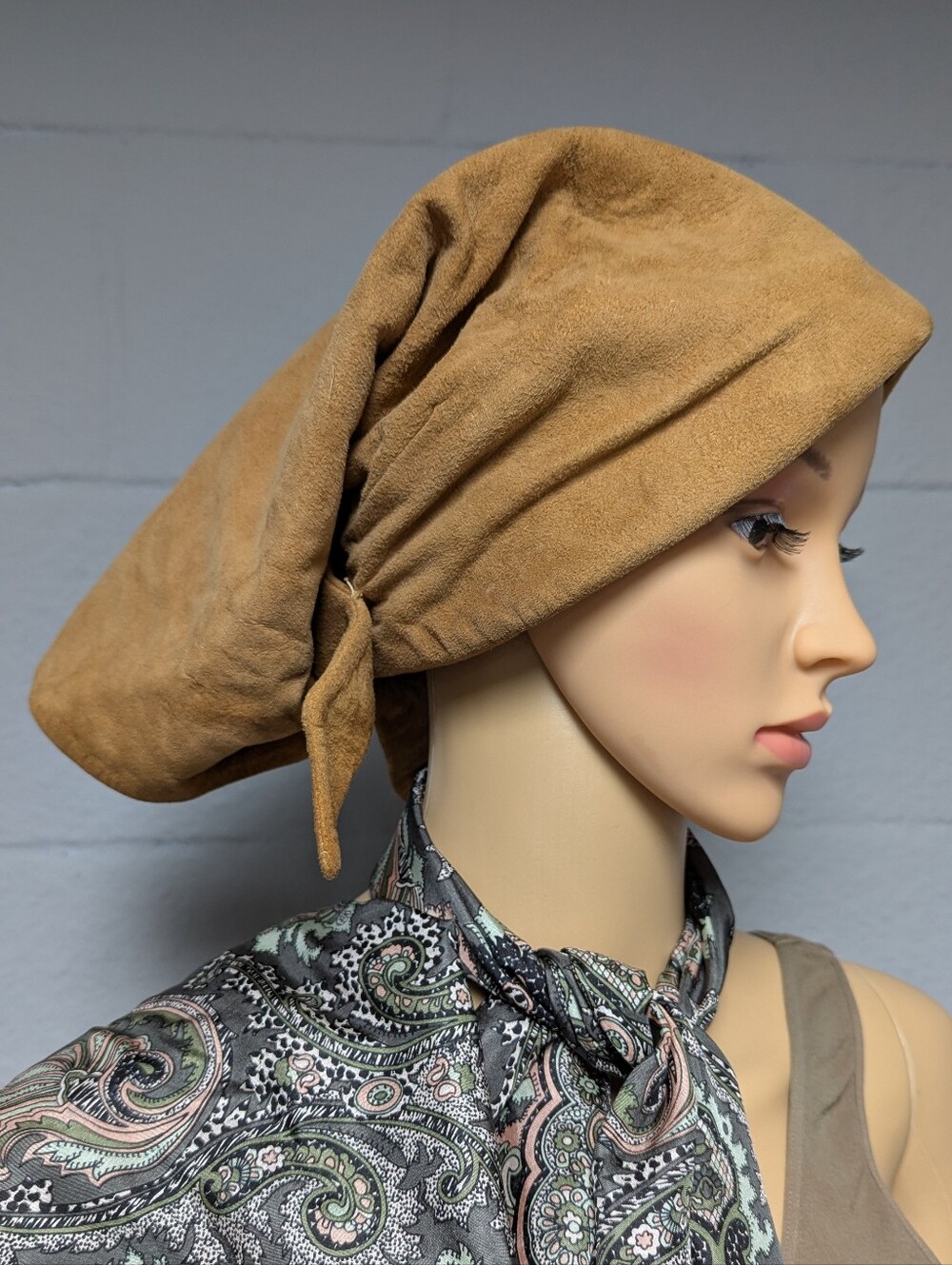 Vintage 60s Suede Scarf Style Hat Adjustable Size